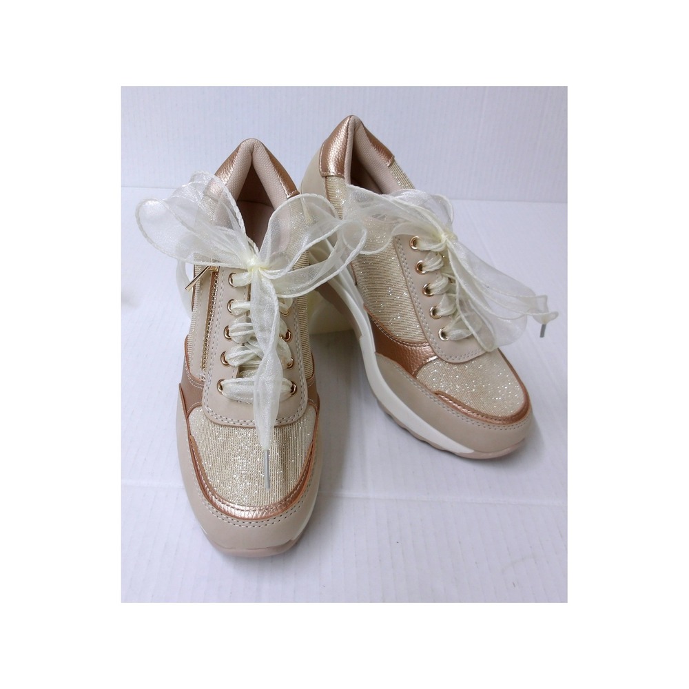 Beige Rose Gold Glitter Wedge Sneakers Ribbon‎ Laces Platform Shoes /#26709